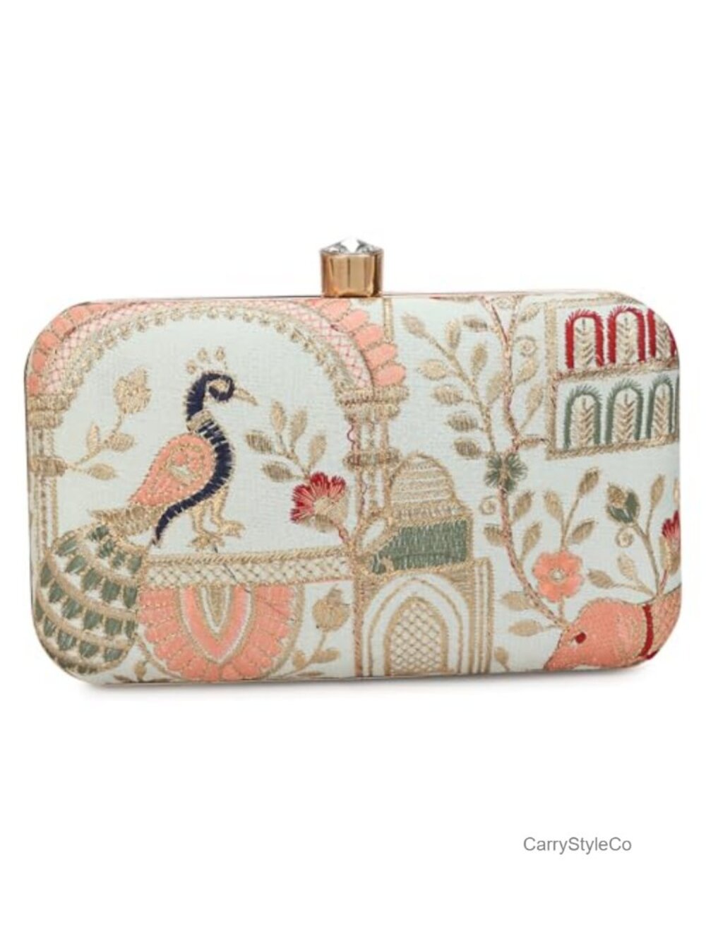 Zari Embroidered Box Clutch Snap Closure Evening Bag